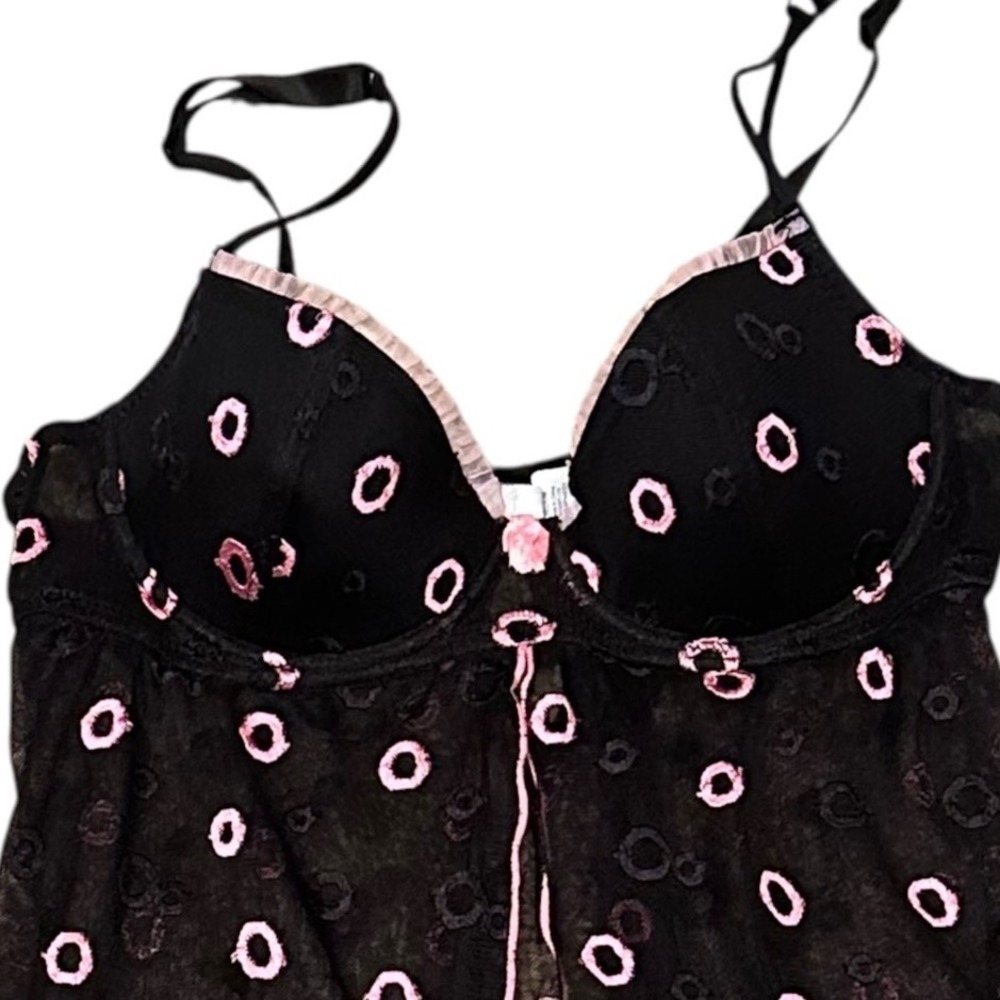 Rampage Nighty Women Medium Black Pink Excellent Sheer Mesh Embroidered Babydoll - Picture 4 of 6